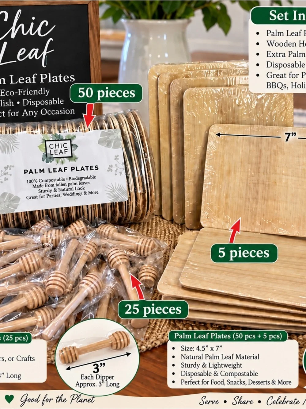 80 piece party set-Palm Leaf Plates & Dip Set-Natural Brown